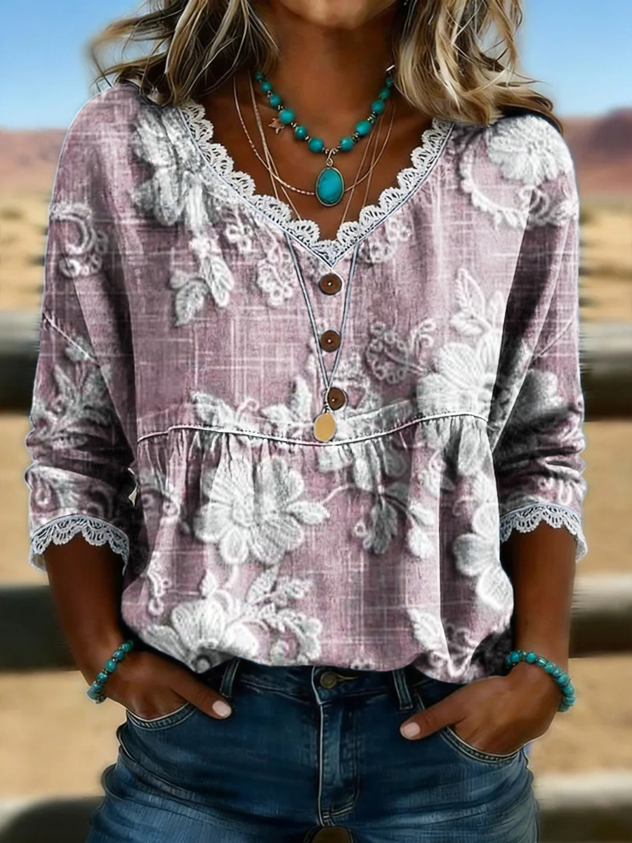 Women's Vintage Floral Print Casual Hollow-Out Denim Shirt