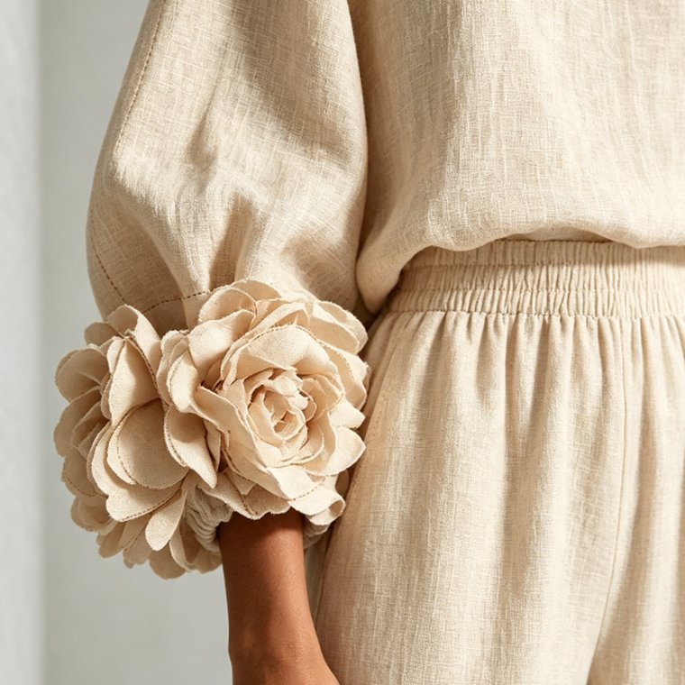 The camellia cuff in Oat, seen against the elasticated waistband
