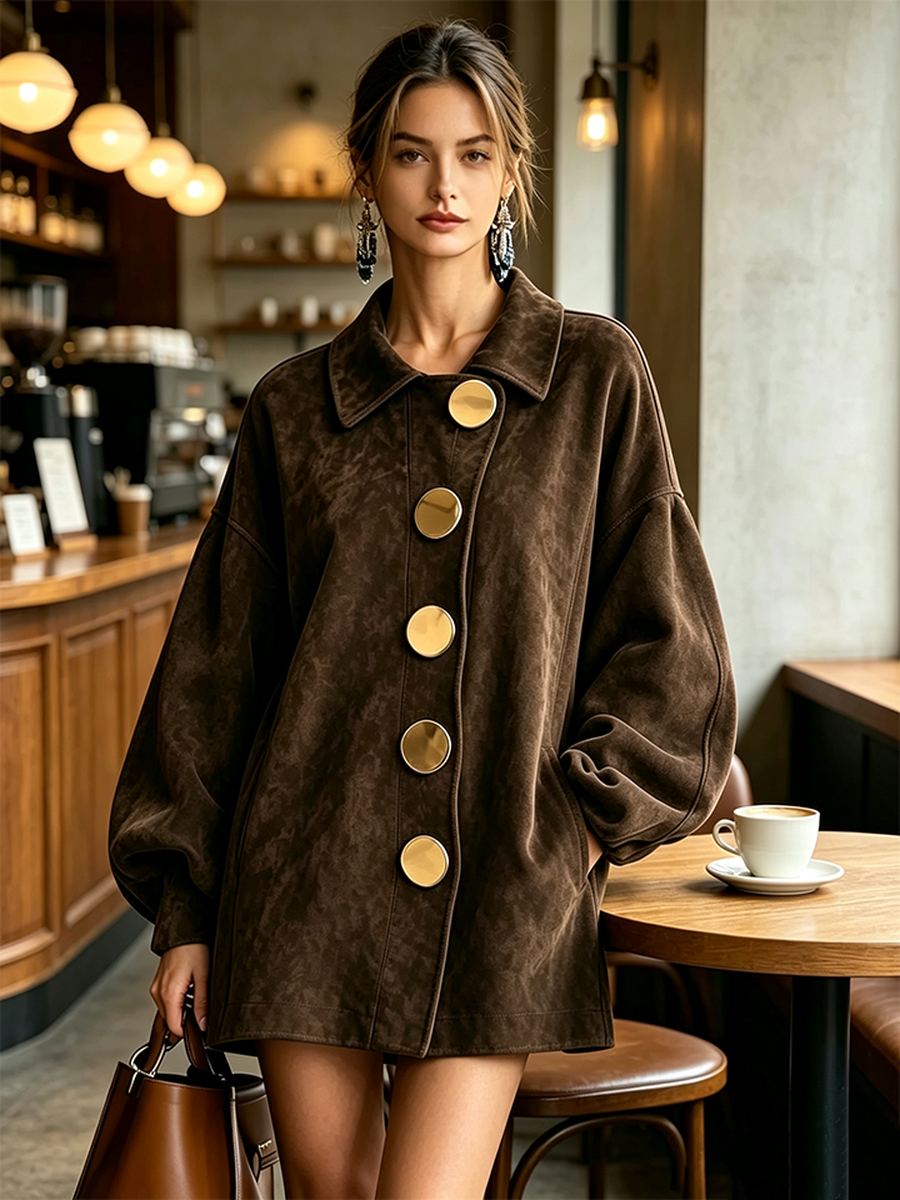 Coat styled for a coffee shop outing