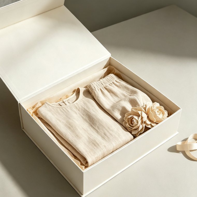 The set folded into a cream gift box with tissue and a ribbon