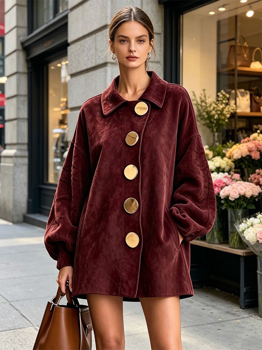 Burgundy coat styled on the street
