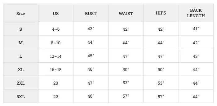 Size chart in inches: S, M, L, XL, 2XL, 3XL