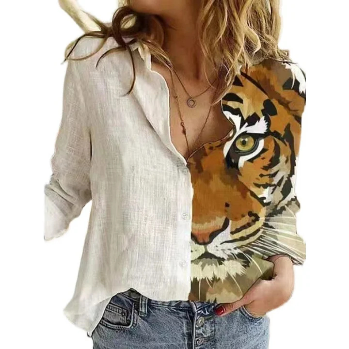 Women's Casual Art Pattern Patchwork Cotton Linen Shirt