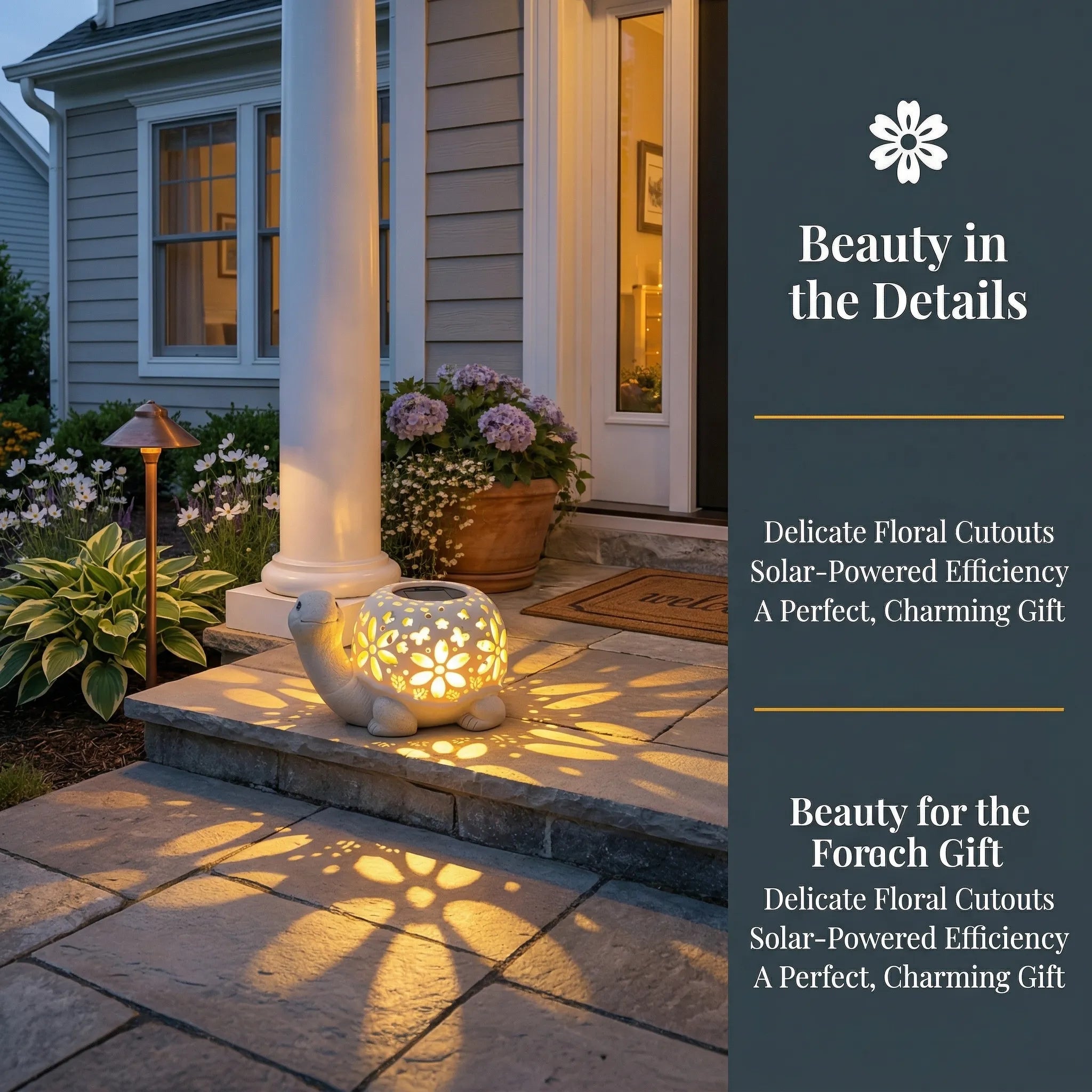 Turtle Glow Solar Garden Lantern With Floral Cutout Shell