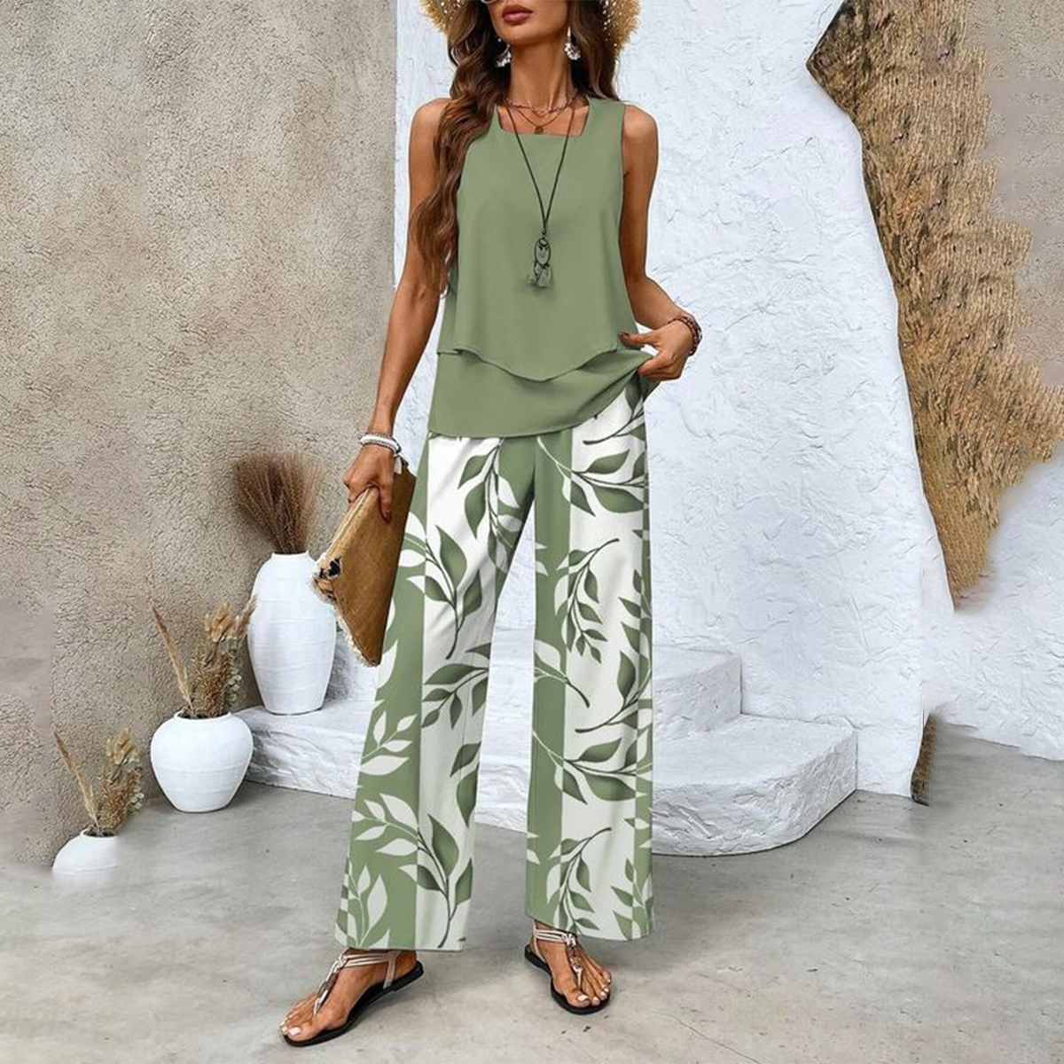Women's Trendy Print 2 Piece Outfits Sleeveless Top & Pants