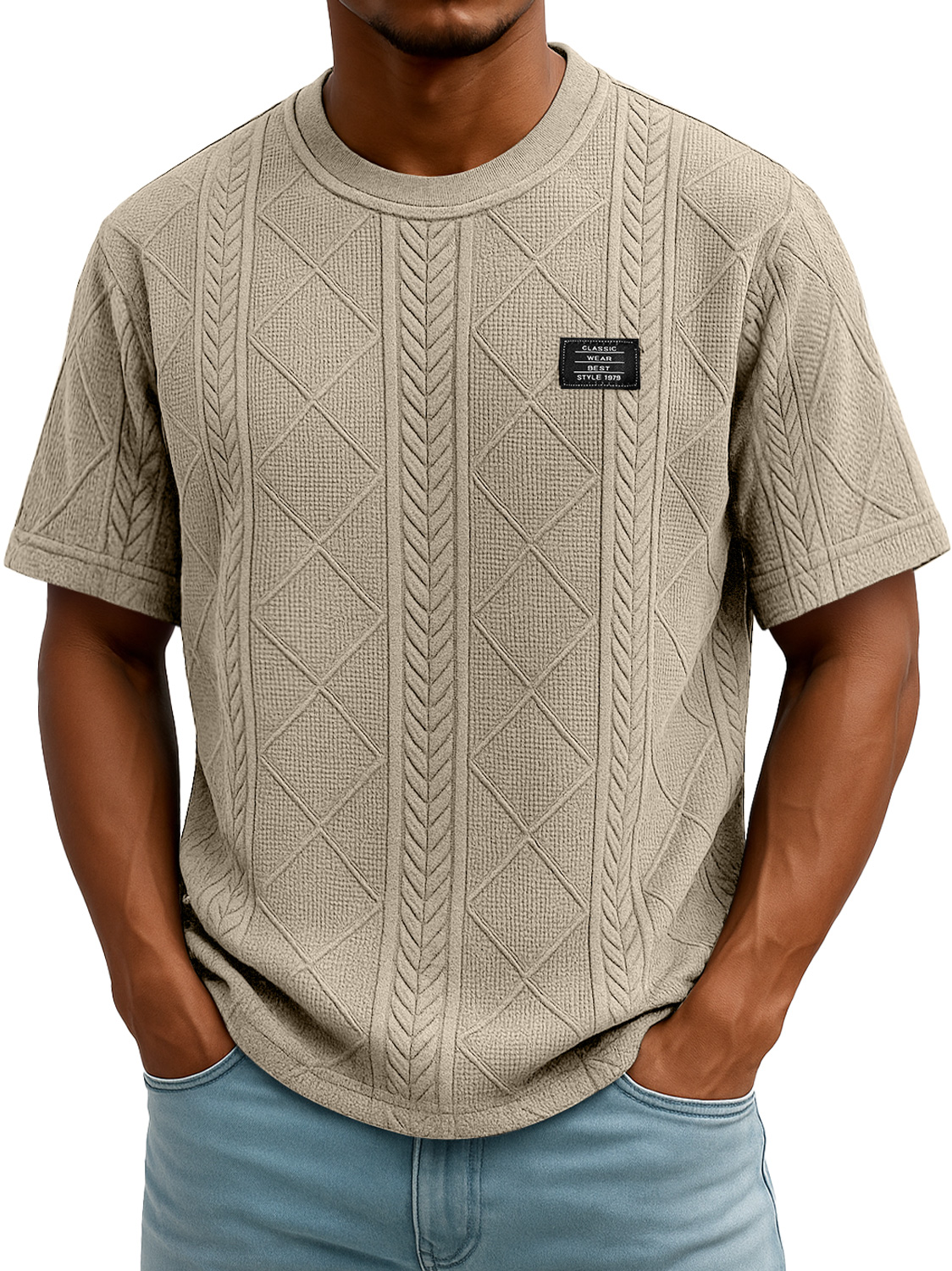 Men's Daily Round Neck Embroidered Logo Casual Texture Short Sleeve T-shirt