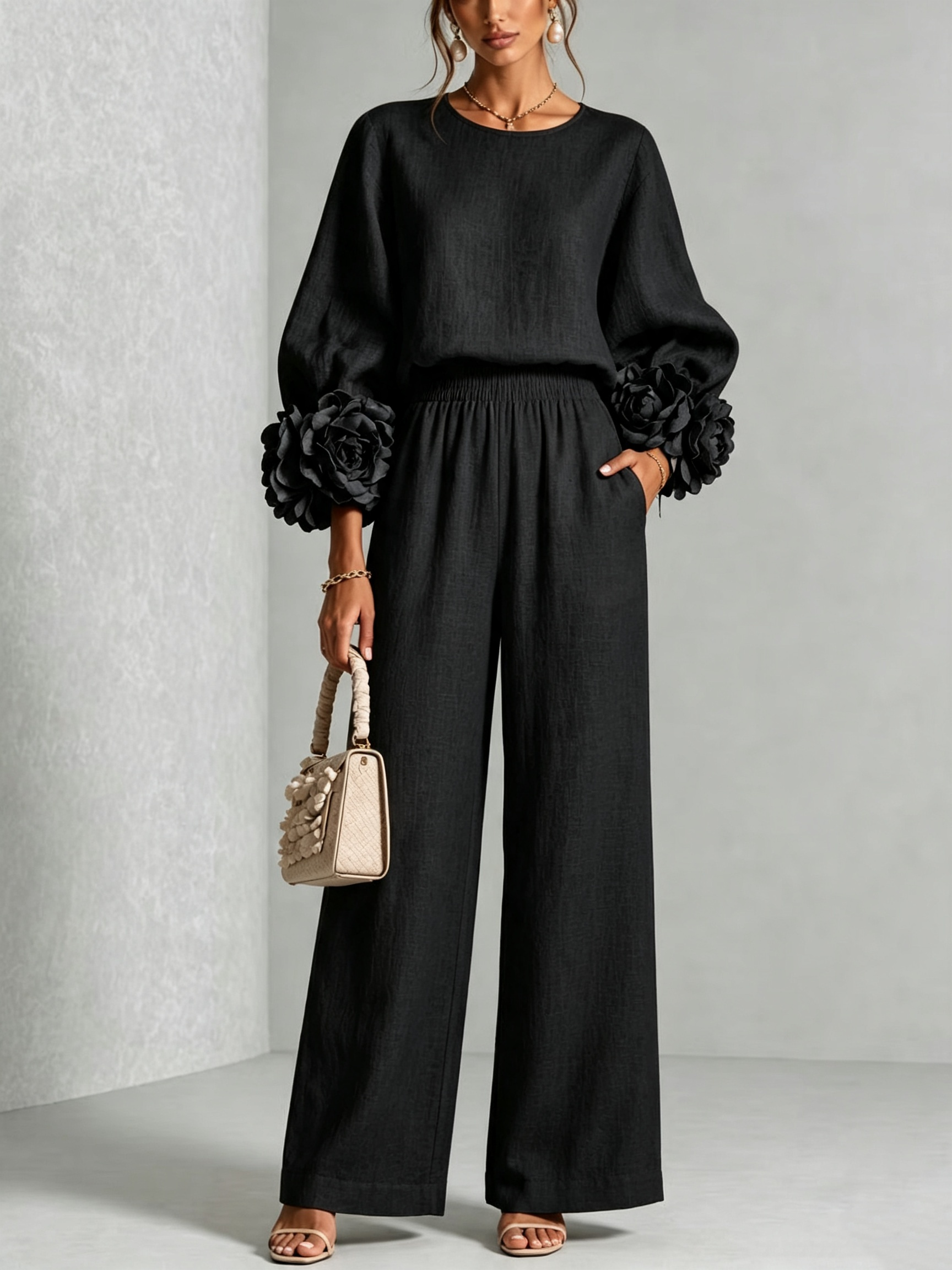 Women 3D Floral Cuff Linen Two‑Piece Outfit, Long Sleeve Blouse & Elastic Waist Wide Leg Pants Set