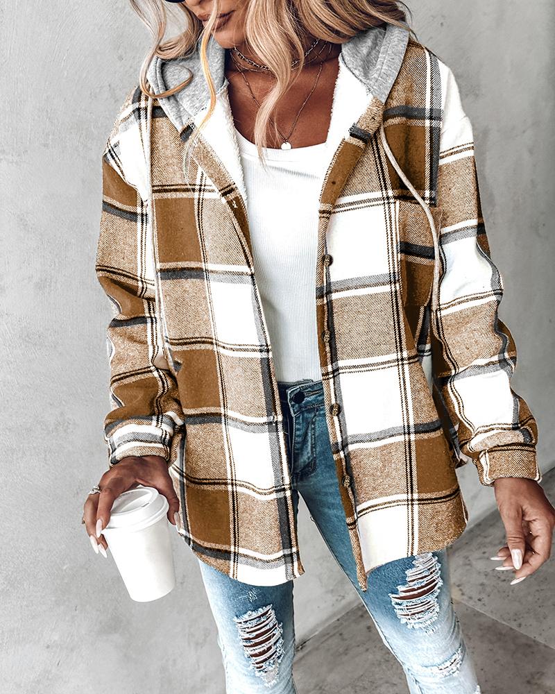 Plaid Pattern Long Sleeve Shacket Button Down Fleece Lined Hooded Jackets Warm Coat