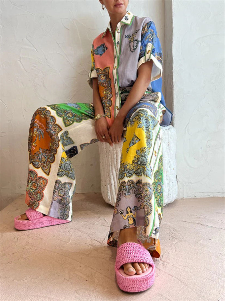 Women's Comfy Printing Short Sleeve Shirt Trousers Two-piece Sets