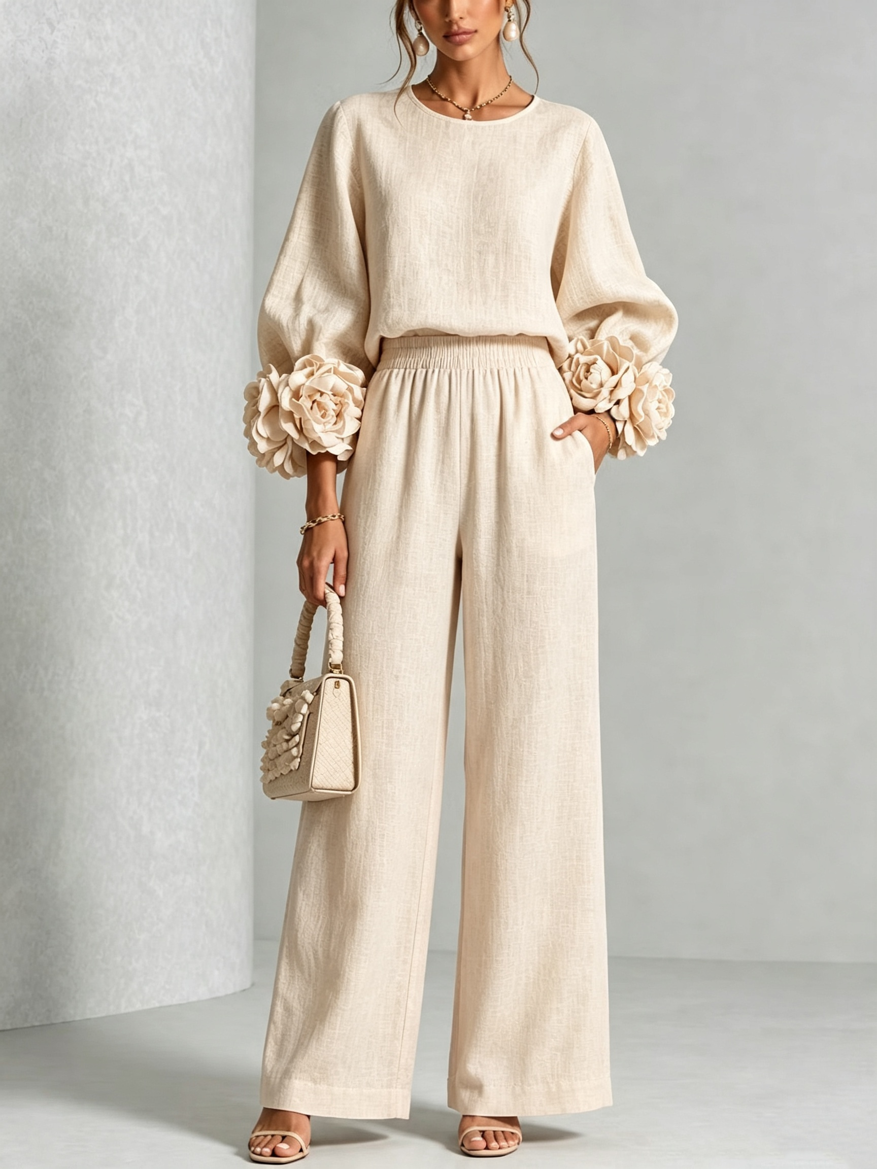 Women 3D Floral Cuff Linen Two‑Piece Outfit, Long Sleeve Blouse & Elastic Waist Wide Leg Pants Set