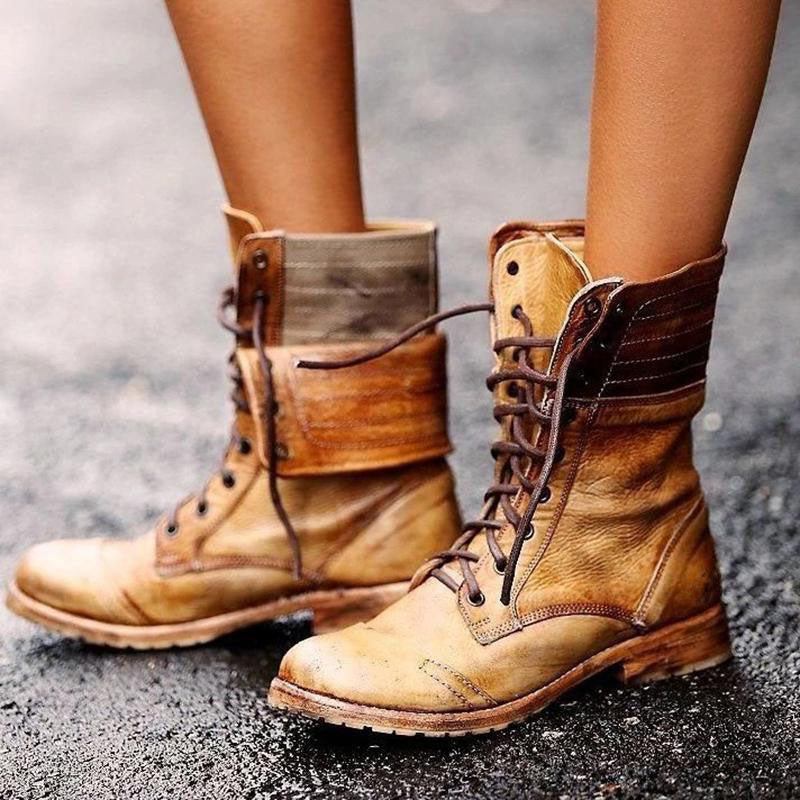 Retro lace up combat boots women's motorcycle boots cow heel combat bo