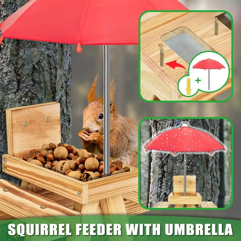 Wooden Squirrel Feeder Cute Picnic Table Design Umbrella Top