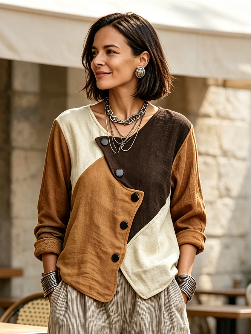 Women's Classic Autumn Color-Block Cotton-Linen Long-Sleeve Shirt