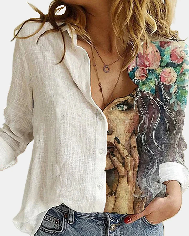 Women's Casual Art Pattern Patchwork Cotton Linen Shirt