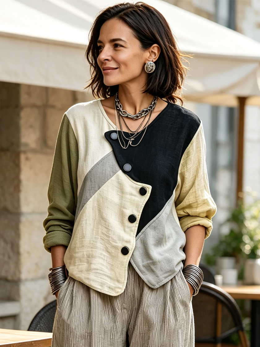 Women's Classic Autumn Color-Block Cotton-Linen Long-Sleeve Shirt