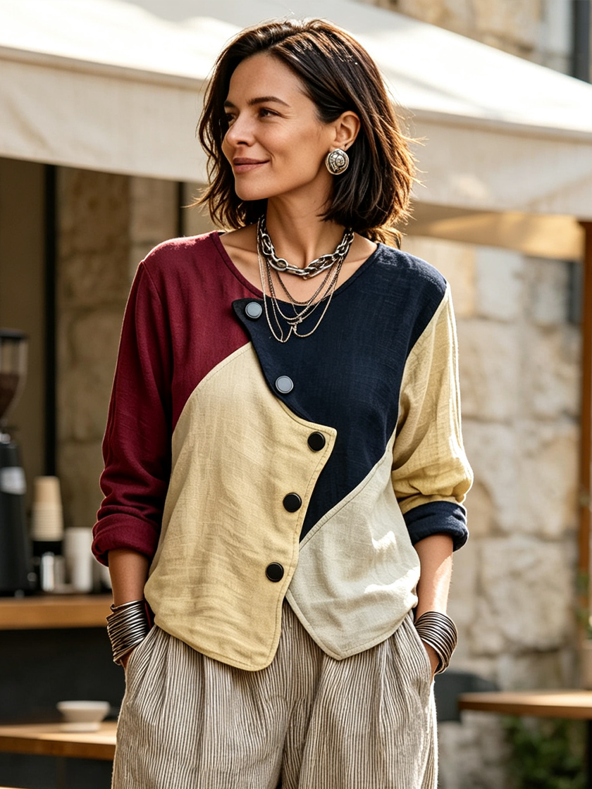 Women's Classic Autumn Color-Block Cotton-Linen Long-Sleeve Shirt