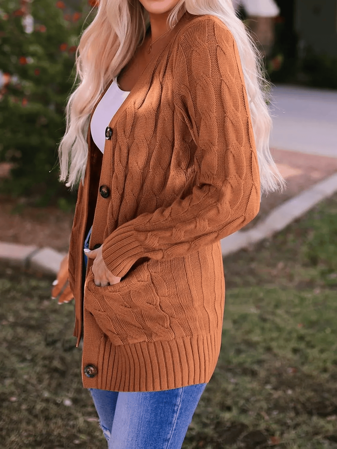Women's Fall Casual Long Sleeve Button Down Open Front Cable Knit Cardigan
