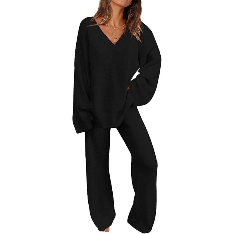 PRETTYGARDEN Women's 2-Piece Lounge Set Soft Chunky V Neck Tops & Wide Leg Long Pants Basic Tracksuit Loungewear Minimalist Homewear Pajama[Buy 2 Free Shipping]