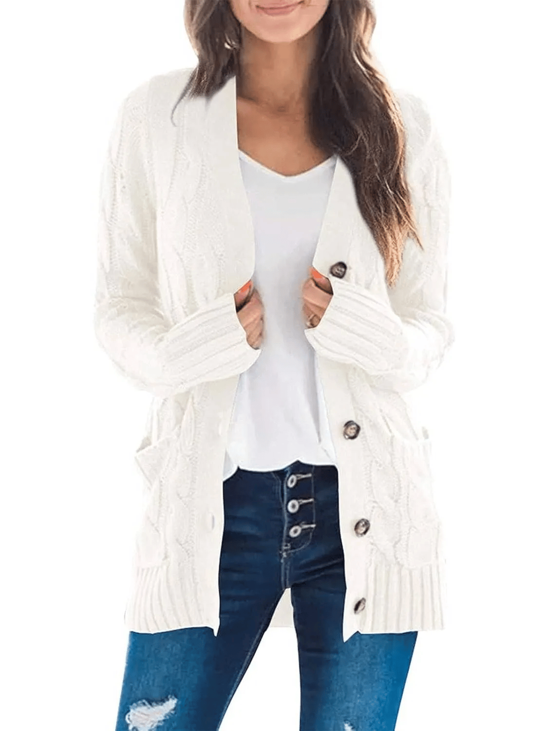 Women's Fall Casual Long Sleeve Button Down Open Front Cable Knit Card