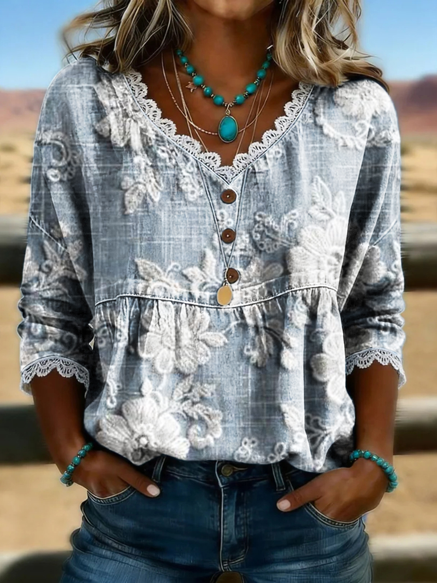 Women's Vintage Floral Print Casual Hollow-Out Denim Shirt