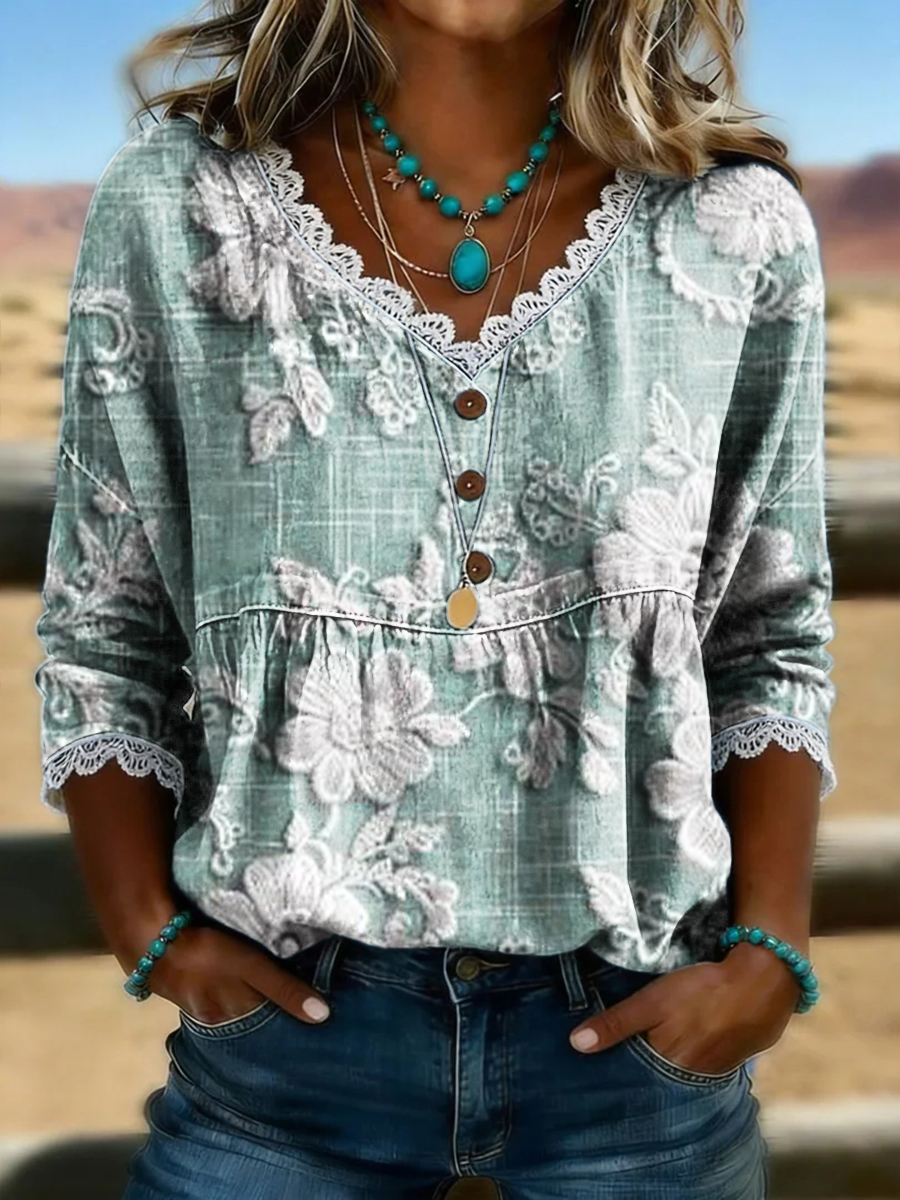 Women's Vintage Floral Print Casual Hollow-Out Denim Shirt