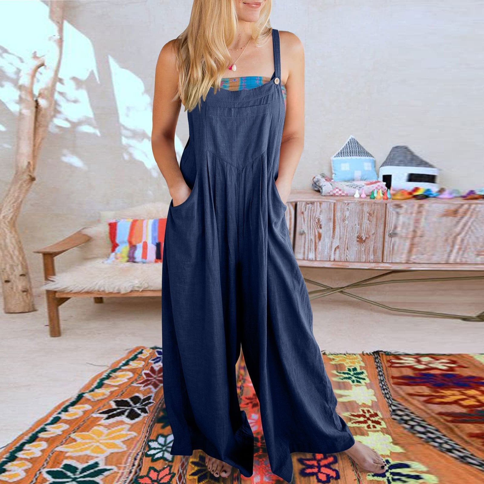 Women's Sleeveless Wide Leg Jumpsuit with Pockets