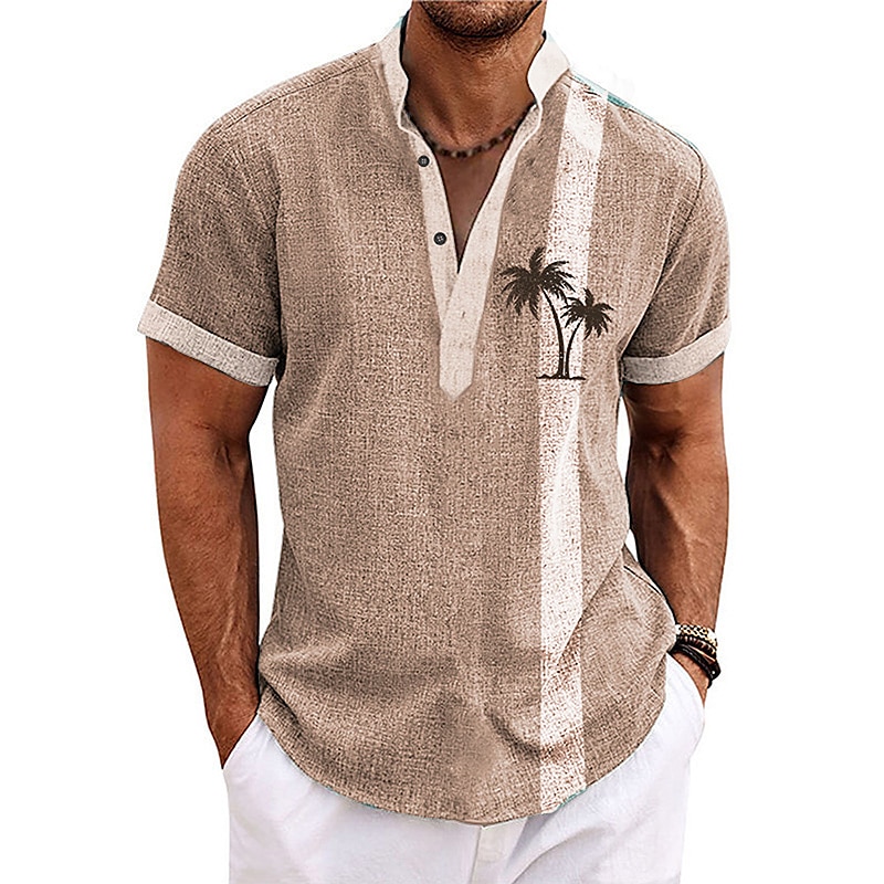 Men's Shirt Linen Shirt Beach Shirt Coconut Tree Outdoor Vacation Light Green Navy Blue Blue Brown Short Sleeve Stand Collar Summer Spring Clothing Apparel Print