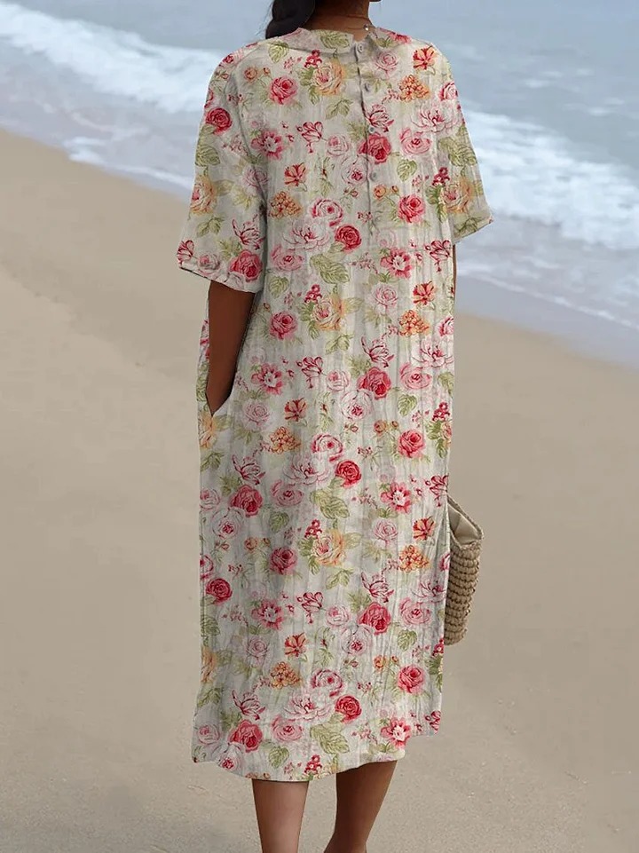Women's Vintage Floral Art Print Pocket Linen Dress（Convertible Dress With Front And Back Option）
