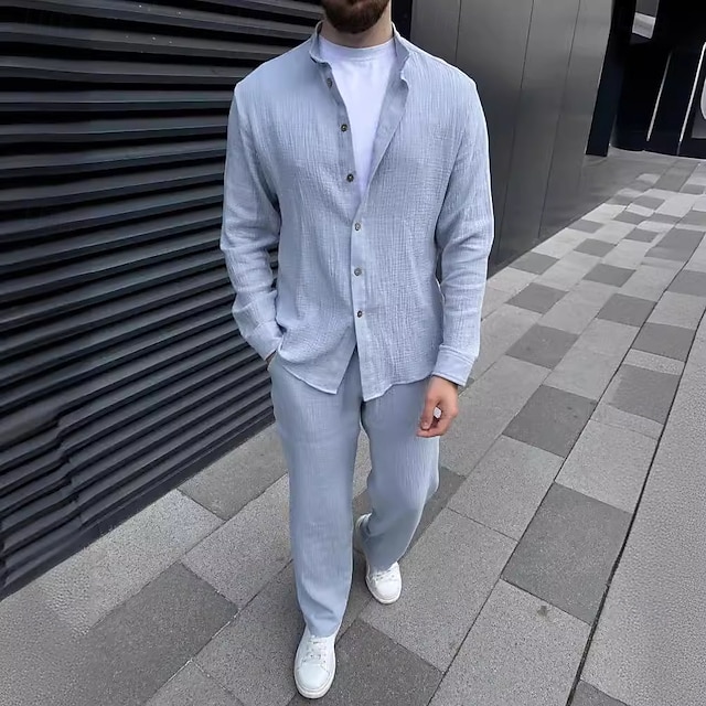 Men's 2 Piece Shirt Set Matching Sets Cotton & Linen Button Up Shirt + Pant sets