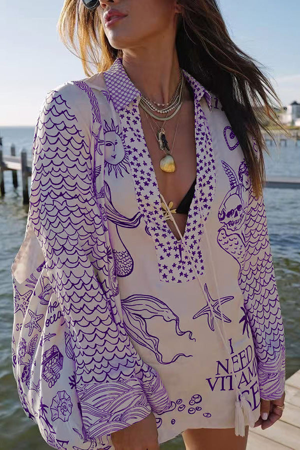 Live By Water Satin Unique Letter Print Tassle Shirt and Elastic Waist Shorts Set