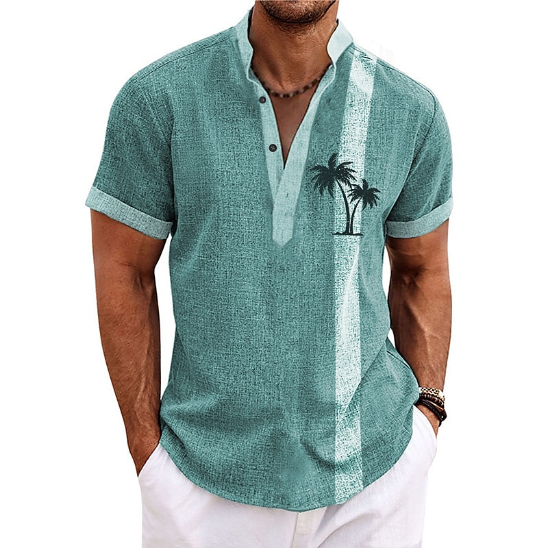 Men's Shirt Linen Shirt Beach Shirt Coconut Tree Outdoor Vacation Light Green Navy Blue Blue Brown Short Sleeve Stand Collar Summer Spring Clothing Apparel Print