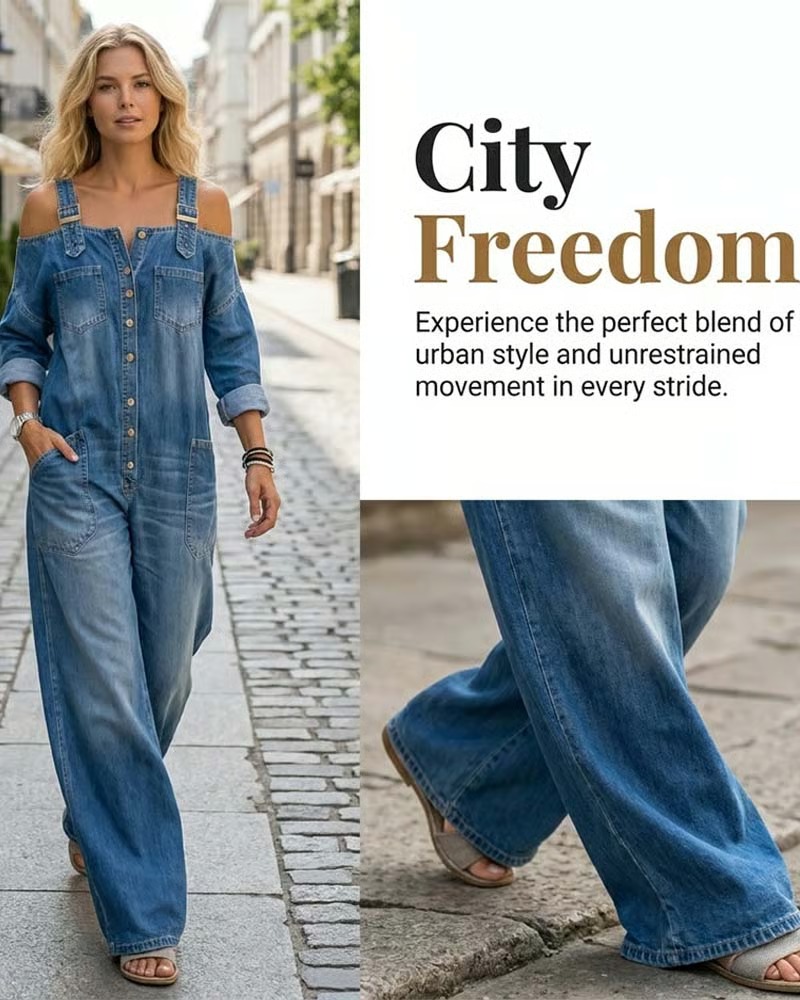 Spaghetti Strap Cold Shoulder Wide-Leg Denim Jumpsuit