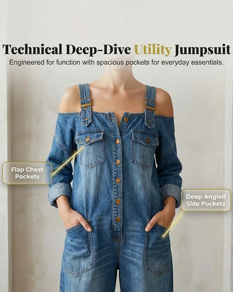 Spaghetti Strap Cold Shoulder Wide-Leg Denim Jumpsuit