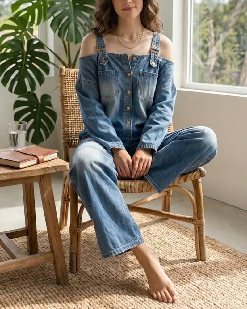 Spaghetti Strap Cold Shoulder Wide-Leg Denim Jumpsuit