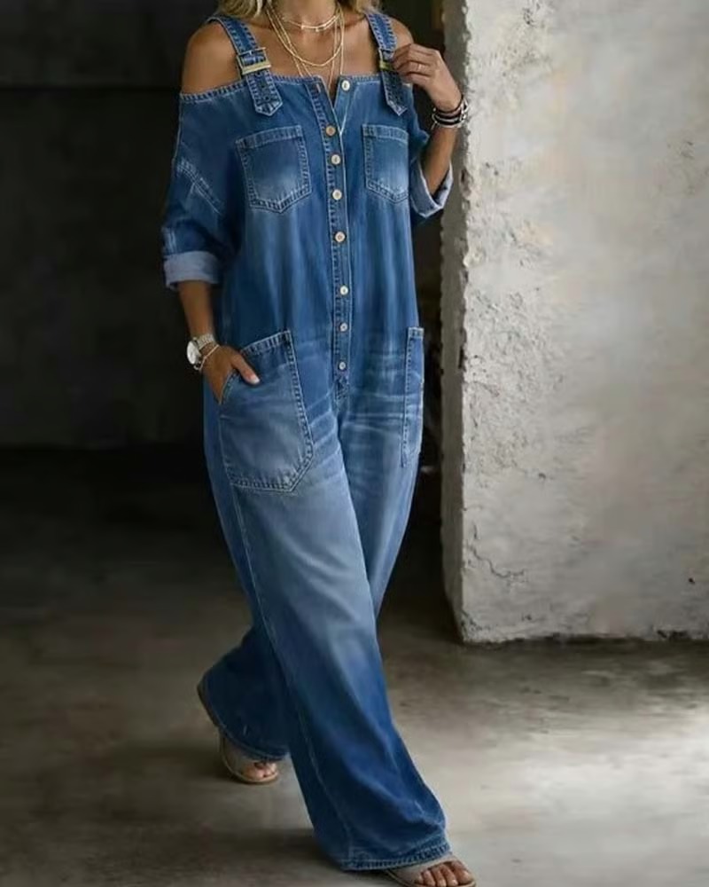 Spaghetti Strap Cold Shoulder Wide-Leg Denim Jumpsuit