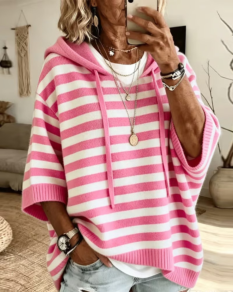Stripe Hooded Loose Three-Quarter Sleeve Sweater
