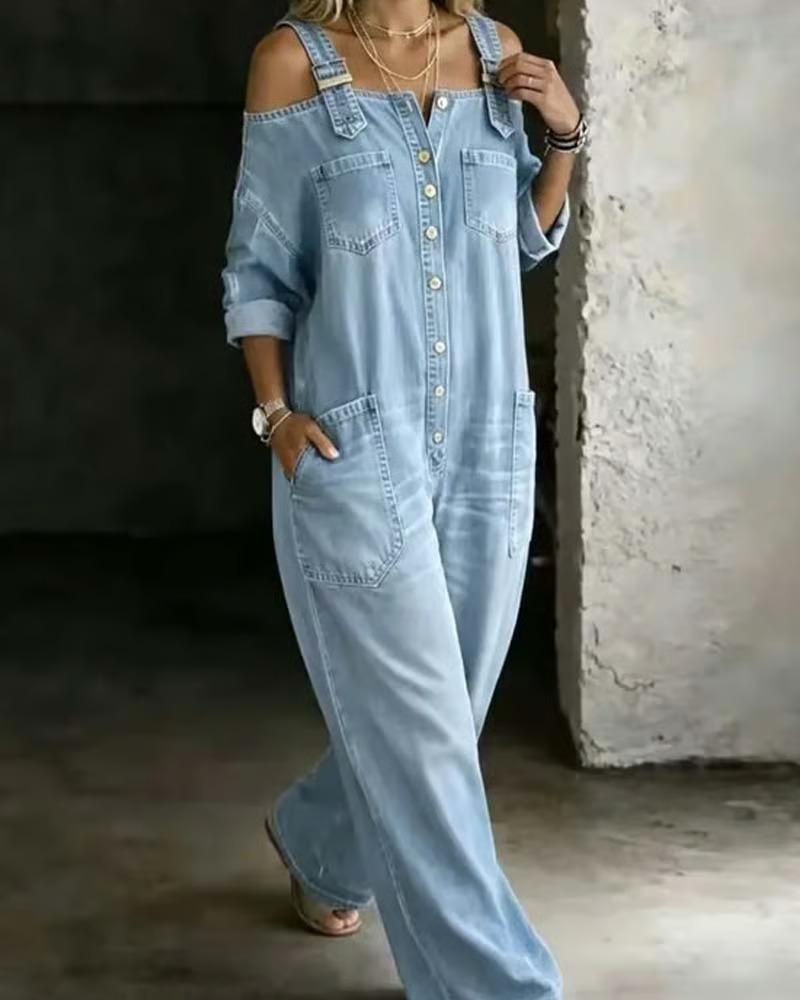 Spaghetti Strap Cold Shoulder Wide-Leg Denim Jumpsuit
