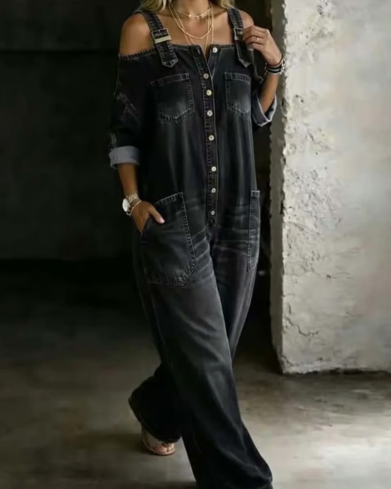Spaghetti Strap Cold Shoulder Wide-Leg Denim Jumpsuit