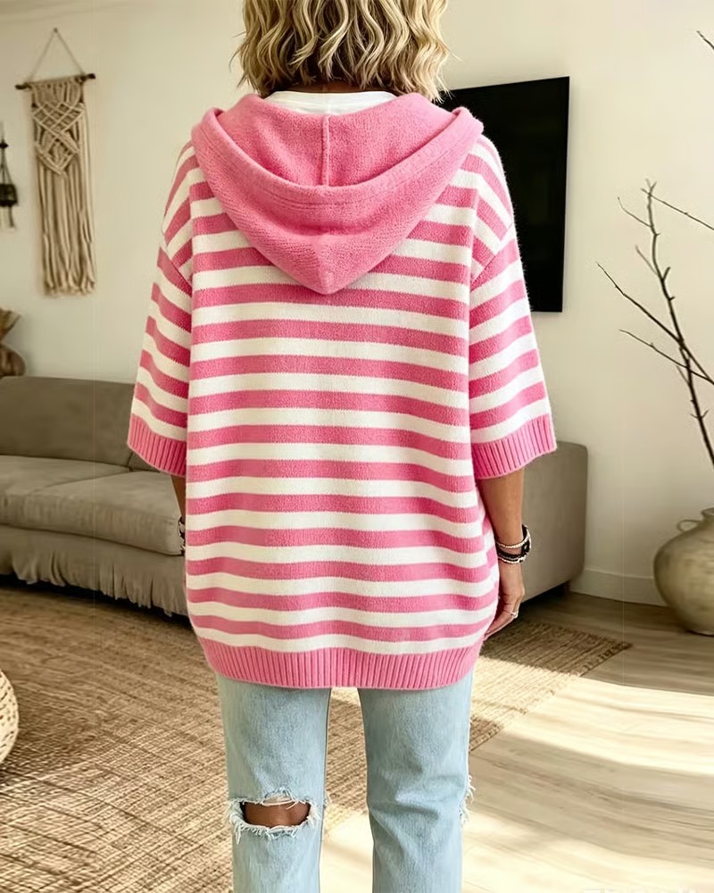 Stripe Hooded Loose Three-Quarter Sleeve Sweater