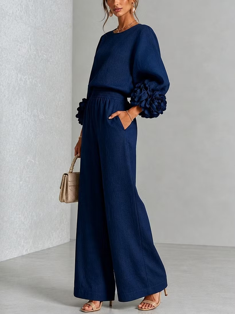 Women 3D Floral Cuff Linen Two‑Piece Outfit, Long Sleeve Blouse & Elastic Waist Wide Leg Pants Set