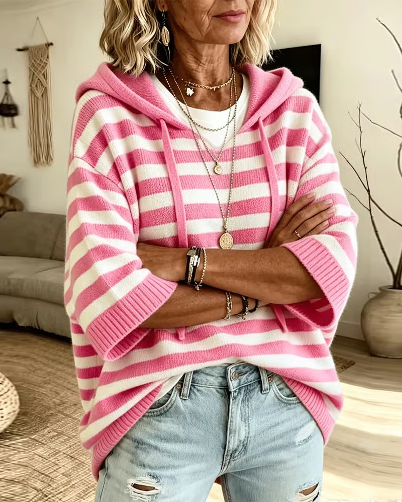 Stripe Hooded Loose Three-Quarter Sleeve Sweater