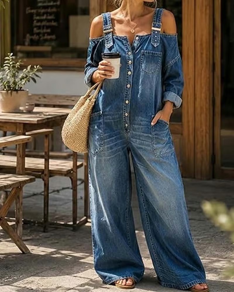 Spaghetti Strap Cold Shoulder Wide-Leg Denim Jumpsuit