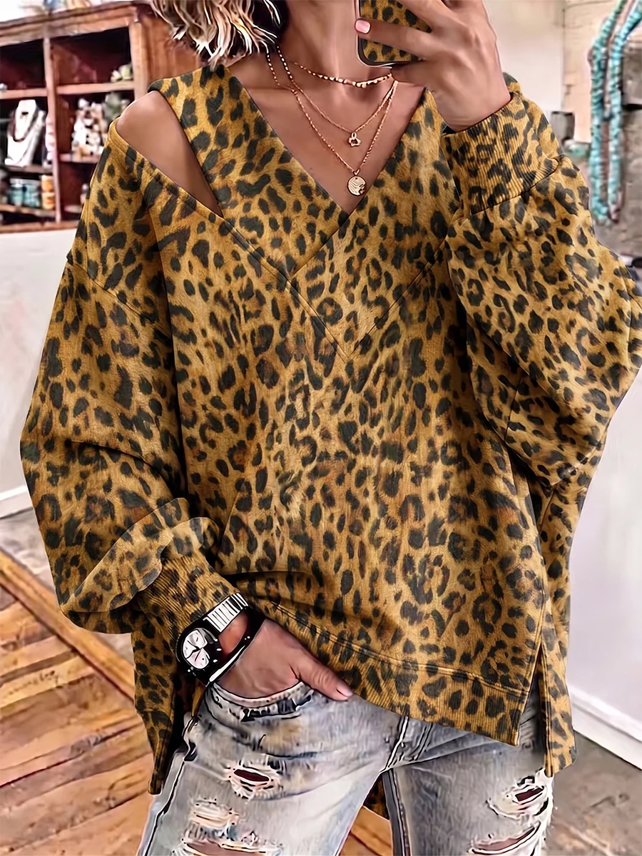 Chic Cutout V-Neck Oversized Sweatshirt