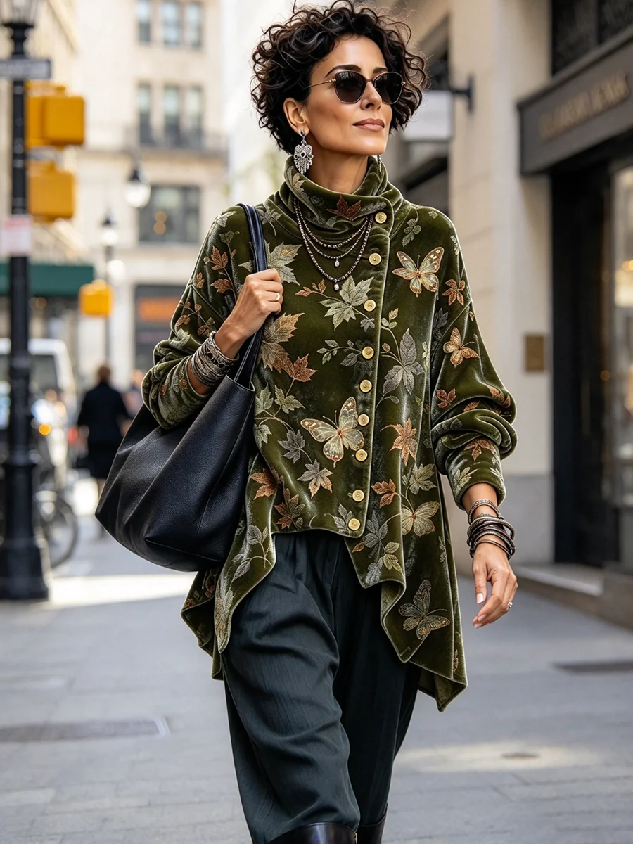 Forest Green Botanical Crushed Velvet Asymmetric Button Tunic with Funnel Neck
