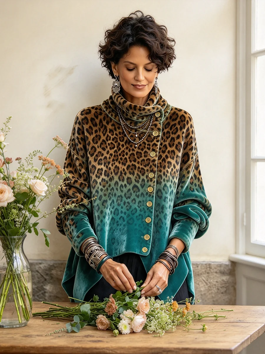 Bold Leopard Print Asymmetrical High-neck Velvet Top