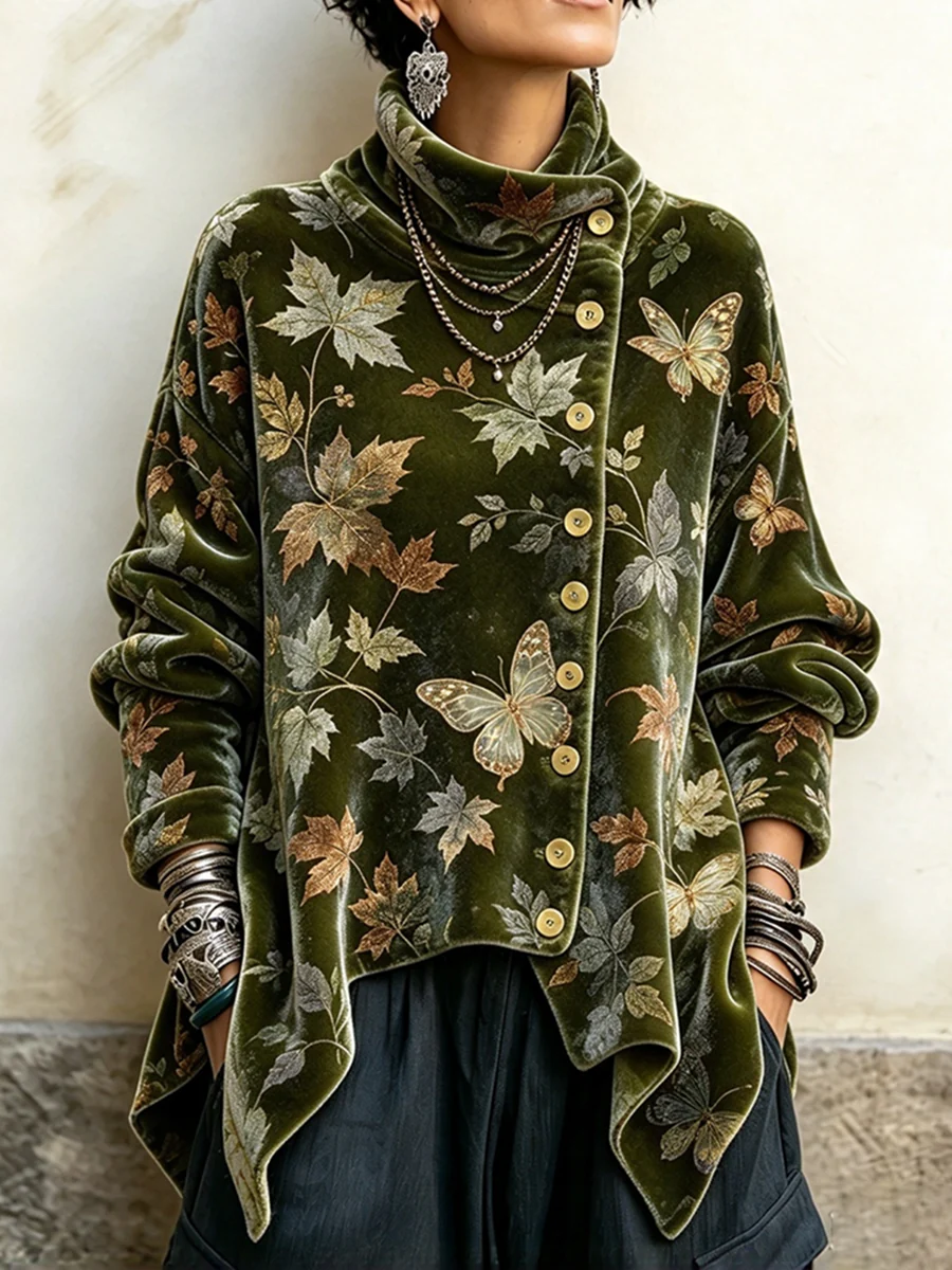 Forest Green Botanical Crushed Velvet Asymmetric Button Tunic with Funnel Neck