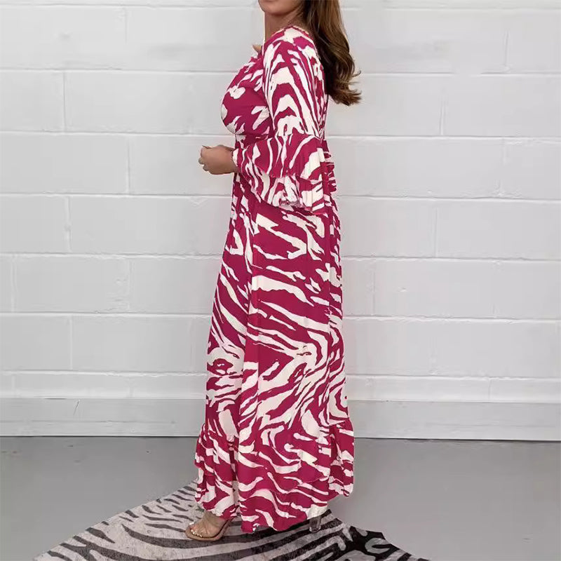 V-Neck Zebra Stripe Waistline 3/4 Sleeve Dress