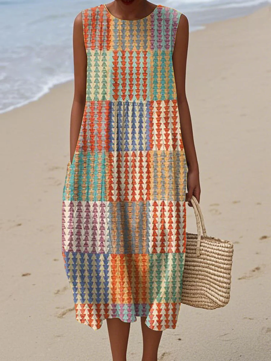 Women's Vintage Abstract Geometric Art Print Sleeveless Cotton Pocket Wrap Dress-Series4