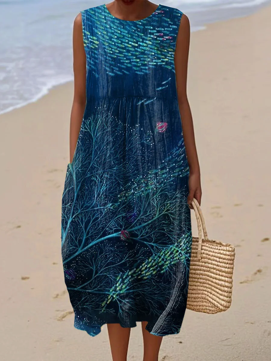 Women's Vintage Abstract Geometric Art Print Sleeveless Cotton Pocket Wrap Dress