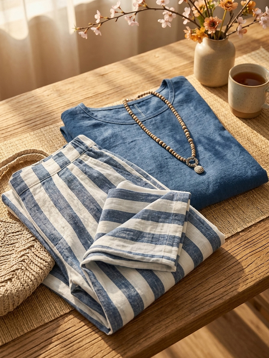 Cozy Loose-fit Striped Cotton-linen Two-piece Set